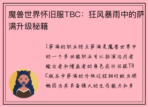 魔兽世界怀旧服TBC：狂风暴雨中的萨满升级秘籍